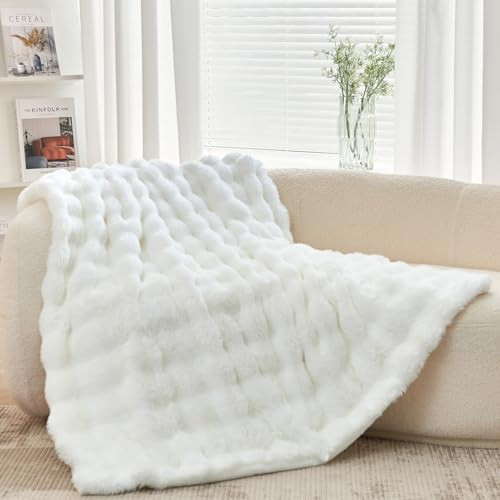 Soft Cozy Plush Faux Rabbit Fur White Throw Blanket, Decorative Boho Fluffy Blanket for Couch Bed Sofa Chair and Living Room, Luxury Fuzzy Fleece Winter Throw Blankets for Women Kids Men, 50x60'' | Amazon (US)