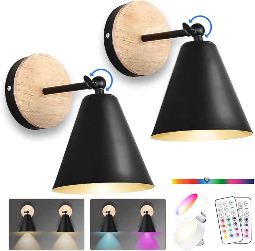 Daoteper Battery Operated Wall Sconce Set of 2, Dimmable Wooden Wall Light with Remote Control, A... | Amazon (US)