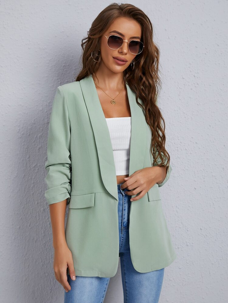 SHEIN Shawl Collar Gathered Sleeve Flap Detail Blazer | SHEIN