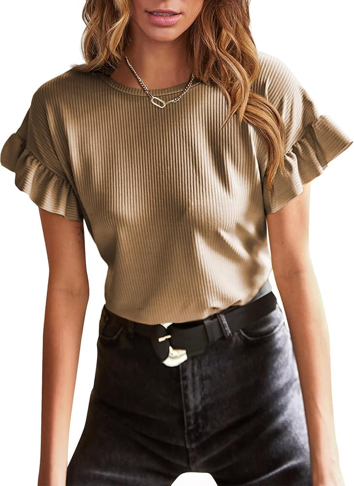 EVALESS Womens Summer Casual Short Sleeve Tops Ruffle Basic T Shirts Round Neck Solid Knit Loose ... | Amazon (US)