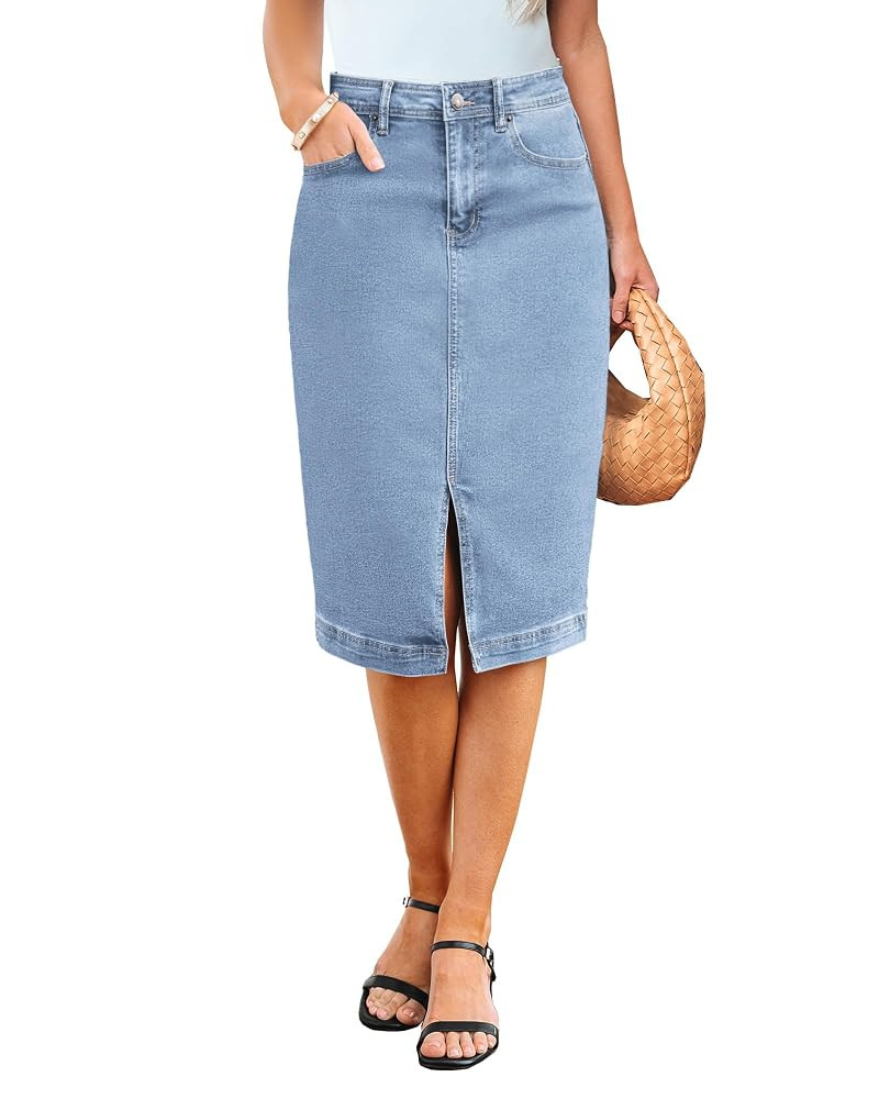 luvamia Jean Skirts for Women Denim Trendy Summer Casual Stretchy High Waisted Midi Below Knee Pe... | Amazon (US)