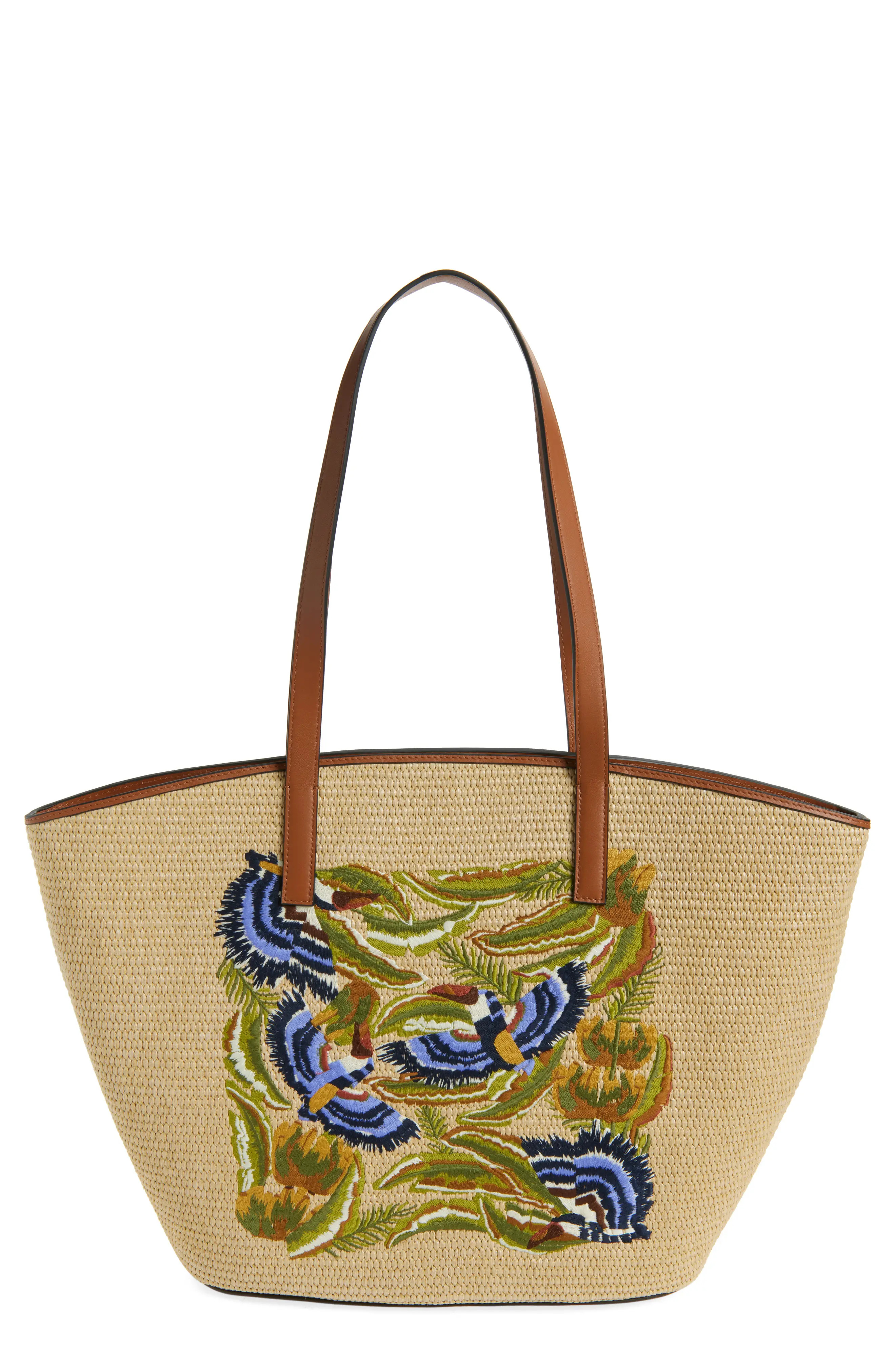 FARM Rio Large Embroidered Raffia Basket Tote in Sunny Paradise Embroidery at Nordstrom | Nordstrom