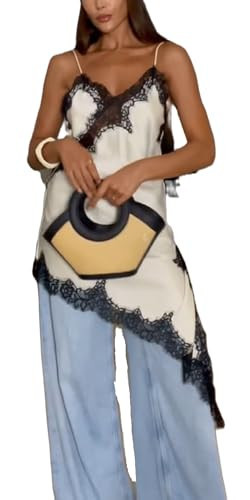 Women Lace Trim Satin High Low Tops Silk Spaghetti Strap Side Split Asymmetrical Cami Top Flowy Silky Layering Tops(Boho Black Trim White,Small) | Amazon (US)