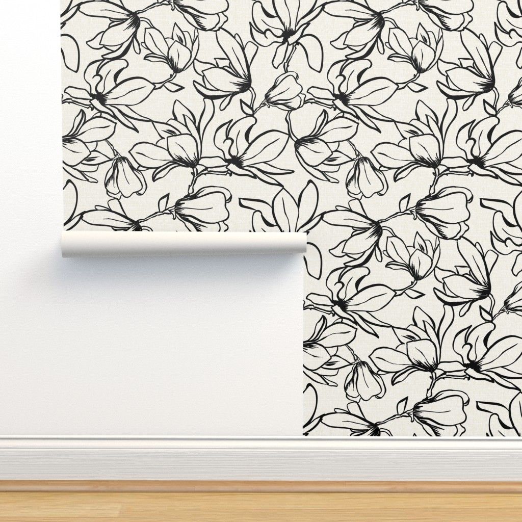 822Magnolia Garden Floral - Textured Ivory and Black Outline Large Wallpaper byheatherdutton | Spoonflower