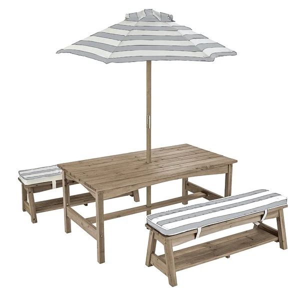 Outdoor Table & Bench w/ Cushions & Umbrella - Gray & White | Bed Bath & Beyond