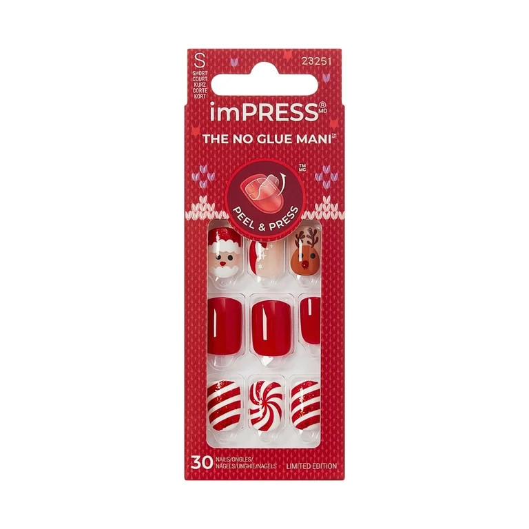 KISS imPRESS Holiday Press On Nails, ‘Frost Kiss’, Red, Short Squoval, 30 Count | Walmart (US)