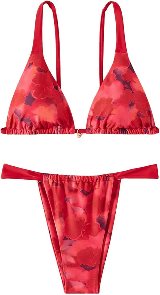 MakeMeChic Women's Floral Print 2 Piece Bikini Sets Tie Back Triangle Thong Bathing Suit Swimsuit | Amazon (US)