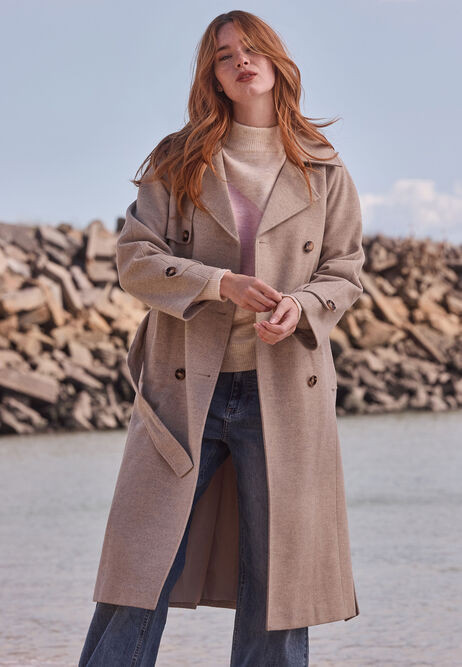 Womens Oatmeal Button Wrap Belted Coat | Peacocks