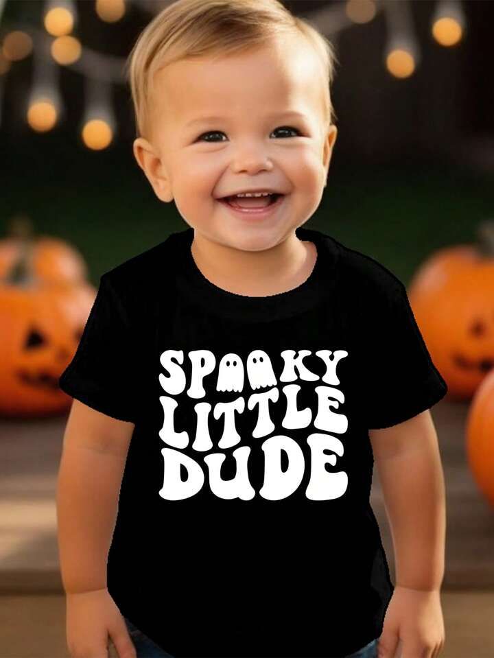 Baby Boy Casual Fashion Halloween Ghost Design Letter Graphic Print Short Sleeve T-Shirt | SHEIN