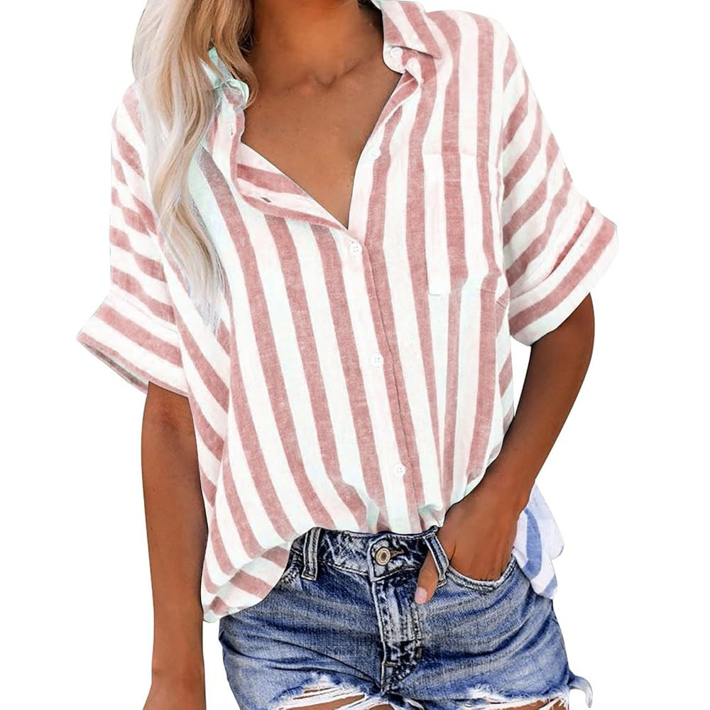 Women Striped Button Down Shirts Cotton Linen Blouse Tops Short Sleeve Collar Guaze Shirt Trendy ... | Amazon (US)