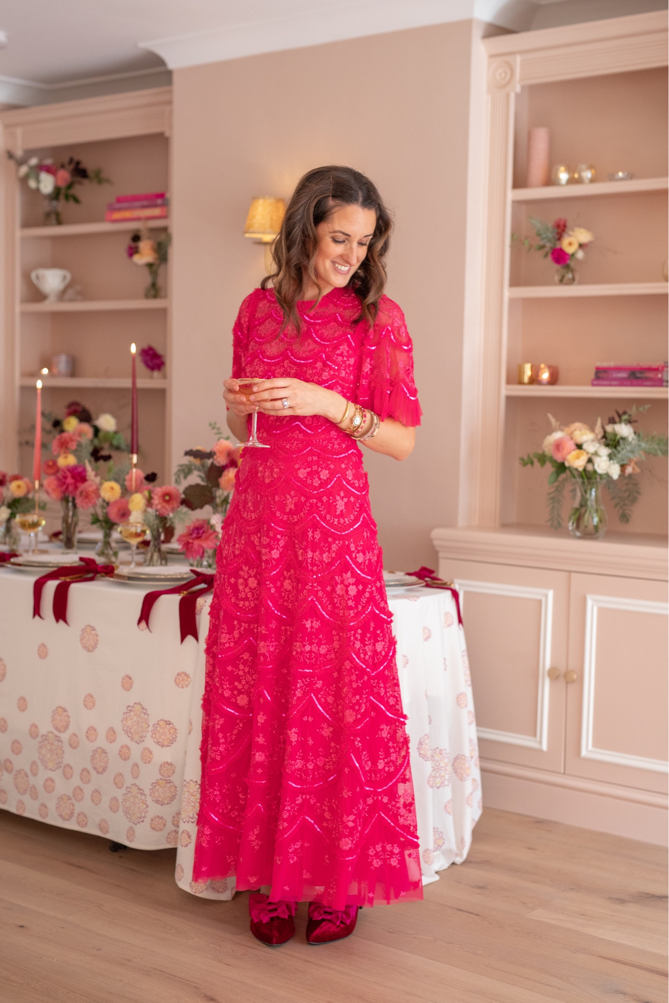 A hot pink embroidered and embellished evening maxi dress from Needle & Thread for our first dinner party in our 'new' home 🩷  styled with velvet slippers (found some alternates for you as this brand is no longer around!)

#LTKeurope #LTKparties #LTKstyletip