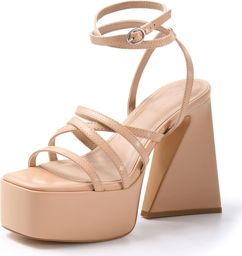 Coutgo Women's Platform High Heels Sandals Square Open Toe Strappy Pumps Lace Up Dress Party Summ... | Amazon (US)