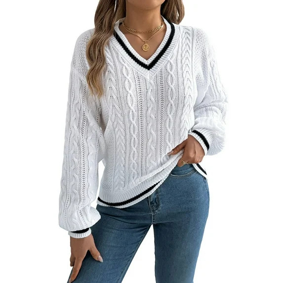 Women'S Long Sleeve V Neck Cable Knit Sweater 2025 Fall Pullover Top Cute Soft Dressy Casual Outf... | Walmart (US)