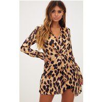 Leopard Print Satin Long Sleeve Wrap Dress | PrettyLittleThing US