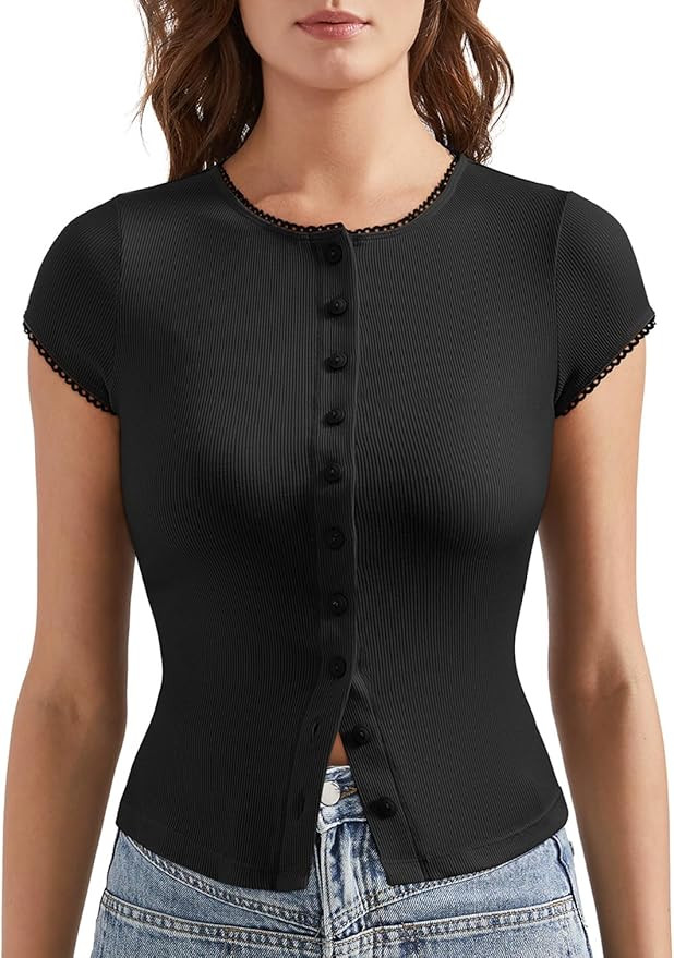 OMKAGI Women Button Down Ribbed Short Sleeve Shirts Fitted Knit Cropped Cardigan Sweaters | Amazon (US)