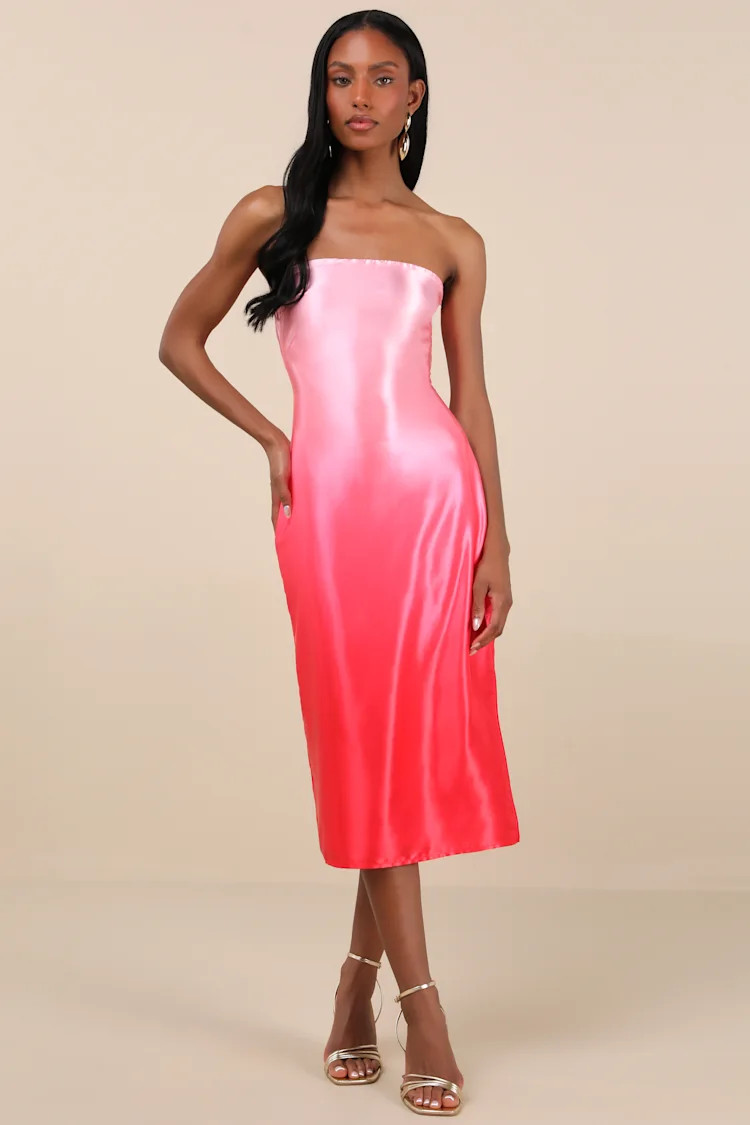 Indescribable Poise Pink Ombre Satin Strapless Midi Dress | Lulus