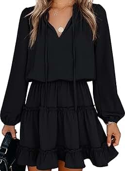 Happy Sailed Womens V Neck Ruffled Layered Chiffon Dress Self Tie Swing Mini Dresses S-XL | Amazon (US)