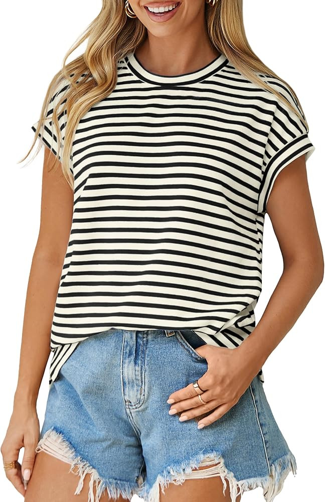 Glamaker Women Cap Sleeve Basic Tops Crewneck Striped Tee Shirts Summer Short Sleeve T-Shirt Casu... | Amazon (US)