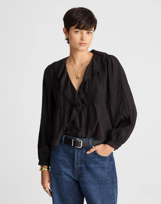 Lace-Insert Ruffled Pintuck Long-Sleeve Top | Madewell