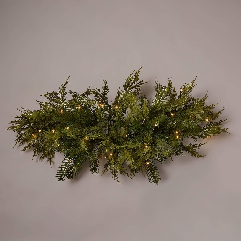 30" Battery Operated Pre-Lit LED Mixed Greenery & Cedar Artificial Christmas Window Swag Warm Whi... | Target