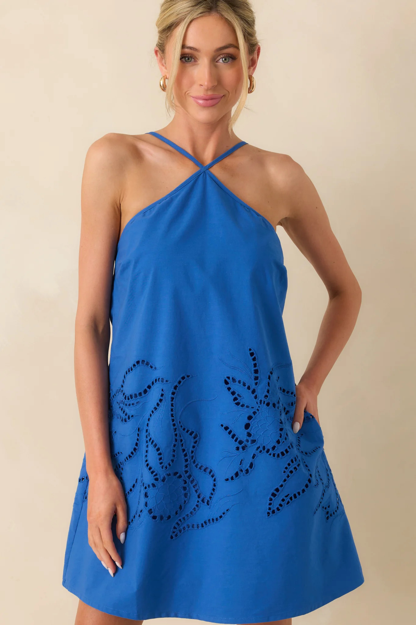 MINKPINK Royal Blue Cotton Darla Embroidered Mini Dress | Red Dress