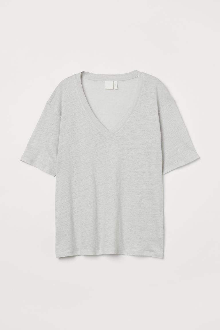 Relaxed-fit T-shirt in melange linen jersey. Low-cut V-neck at front and dropped shoulders. | H&M (US + CA)