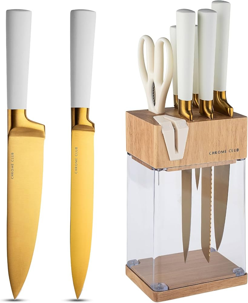 CHROME CLUB Stainless Steel White and Gold Knife Set with Block - 7 Piece Gold Kitchen Knife Set ... | Amazon (US)
