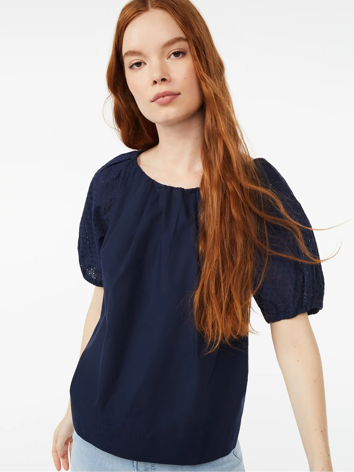 Free Assembly Women's Pleated Blouson Top with Short Sleeves | Walmart (US)