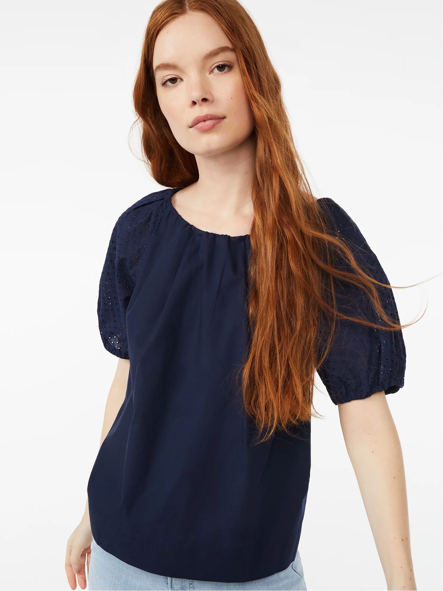 Free Assembly Women's Pleated Blouson Top with Short Sleeves | Walmart (US)