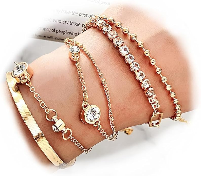 17IF 5 Pcs Gold Chain Ankle Bracelets Long For Women 14k Gold Plated Cubic Zirconia Tennis Bracel... | Amazon (US)