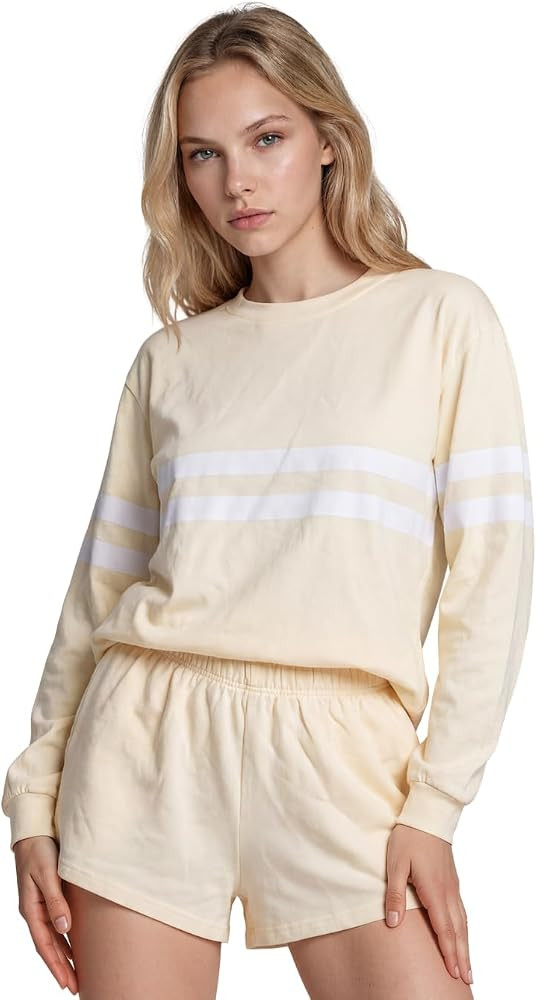 Almere Women's Varsity Set, 100% Cotton, Long Sleeve Crewneck Top and Matching Shorts | Amazon (US)
