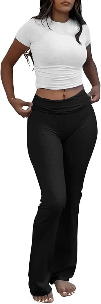Casual Workout Two Piece Outfits for Women Crew Neck T-shirt and Low Rise Flare Pants Tracksuit S... | Amazon (US)