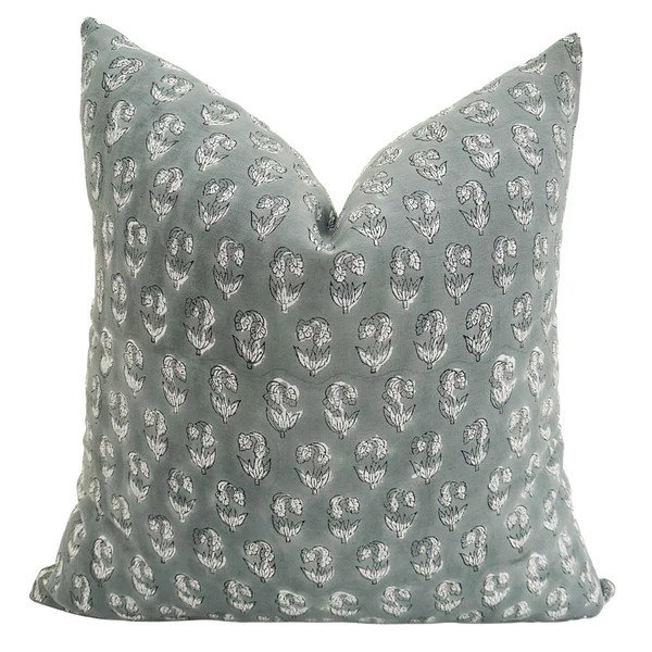 Linen Blue Floral Block Print Pillow Cover | Hackner Home (US)