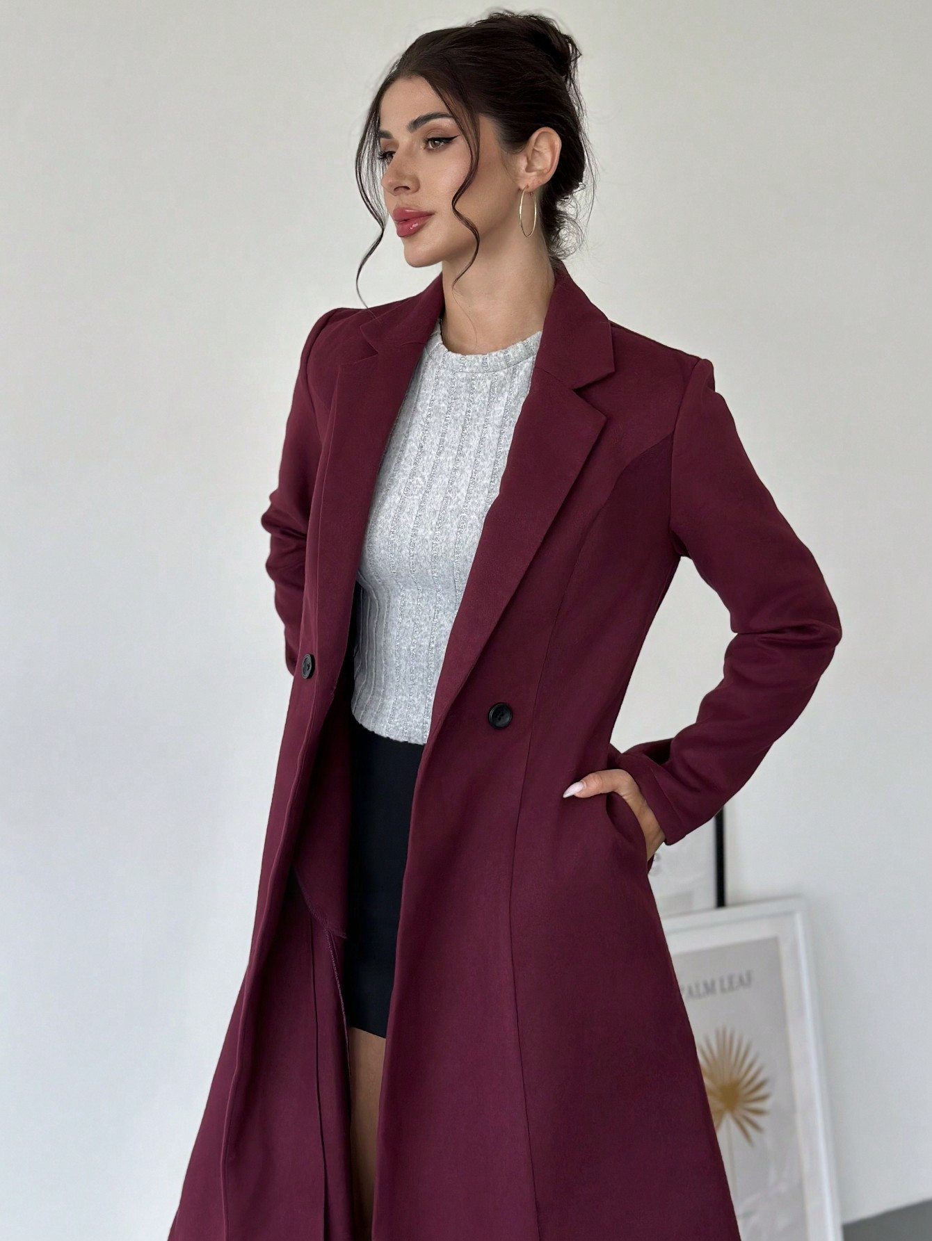 Firerie Women's Mid Purple Long Sleeve Waisted Knee Length Knitted Coat | SHEIN USA | SHEIN