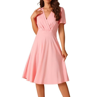 INSPIRE CHIC Women's Summer Wrap V Neck Puff Short Sleeve Midi Swing Dress with Pockets Pink Large | Target