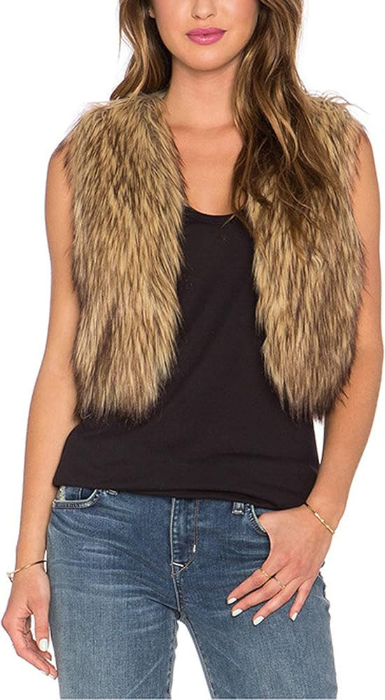 Tanming Women's Sleeveless Open Front Fluffy Short Faux Fur Vests Waistcoats | Amazon (US)