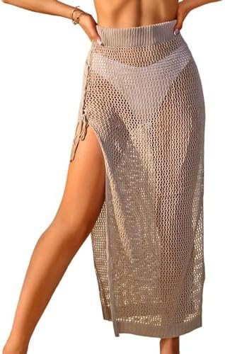 ZAFUL Women's Swimsuit Cover Up Crochet Sheer Knit Side Slit Maxi Beach Skirt Sarong (0-Khaki, X-... | Amazon (US)