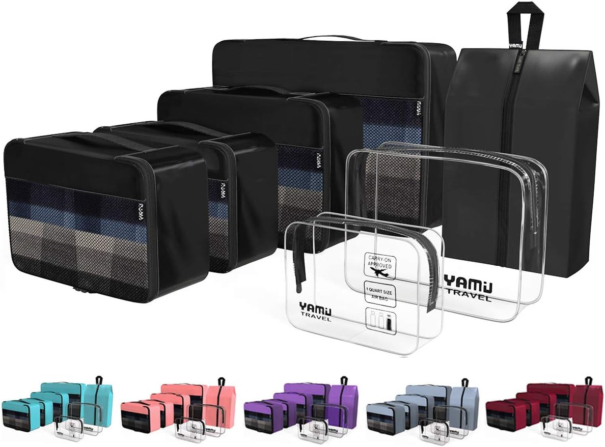 YAMIU Packing Cubes 7-Pcs Travel Organizer Accessories with Shoe Bag and 2 Toiletry Bags(Black) | Amazon (US)