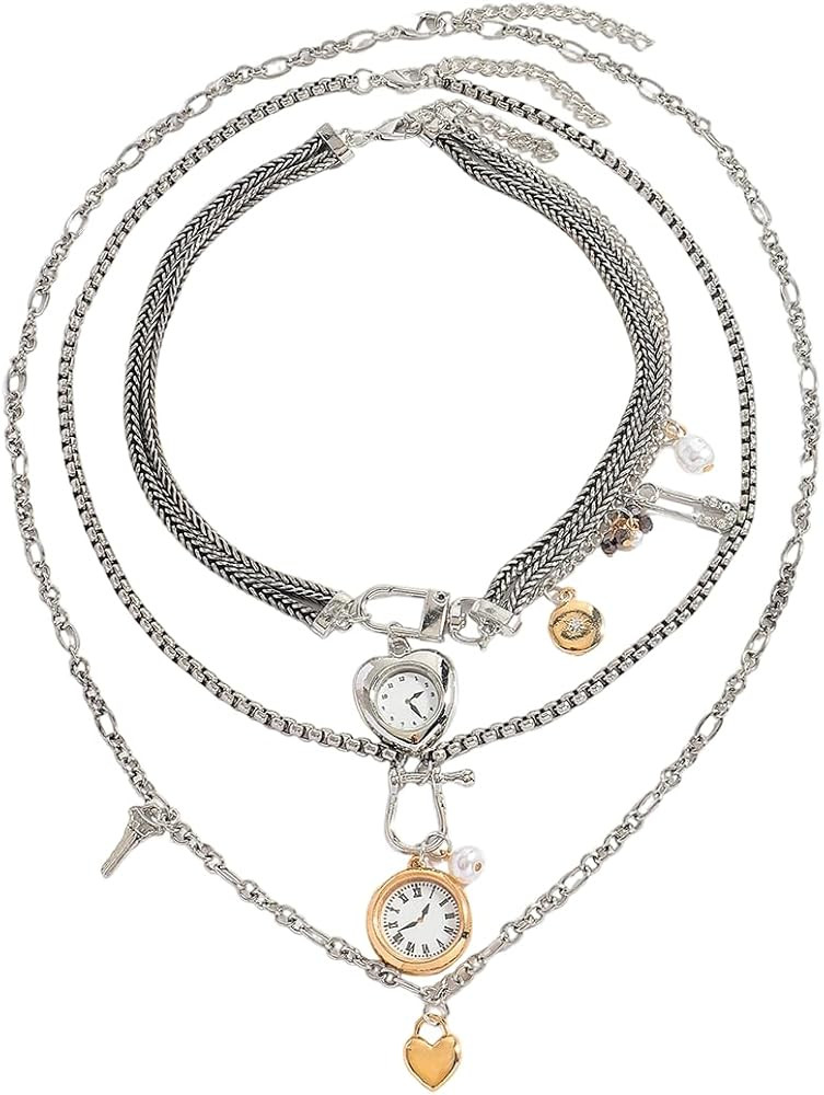 3pcs Multi-Strand Layered Clock Necklaces for Women, Chunky Braided Paperclip Stacked Chain Neckl... | Amazon (US)