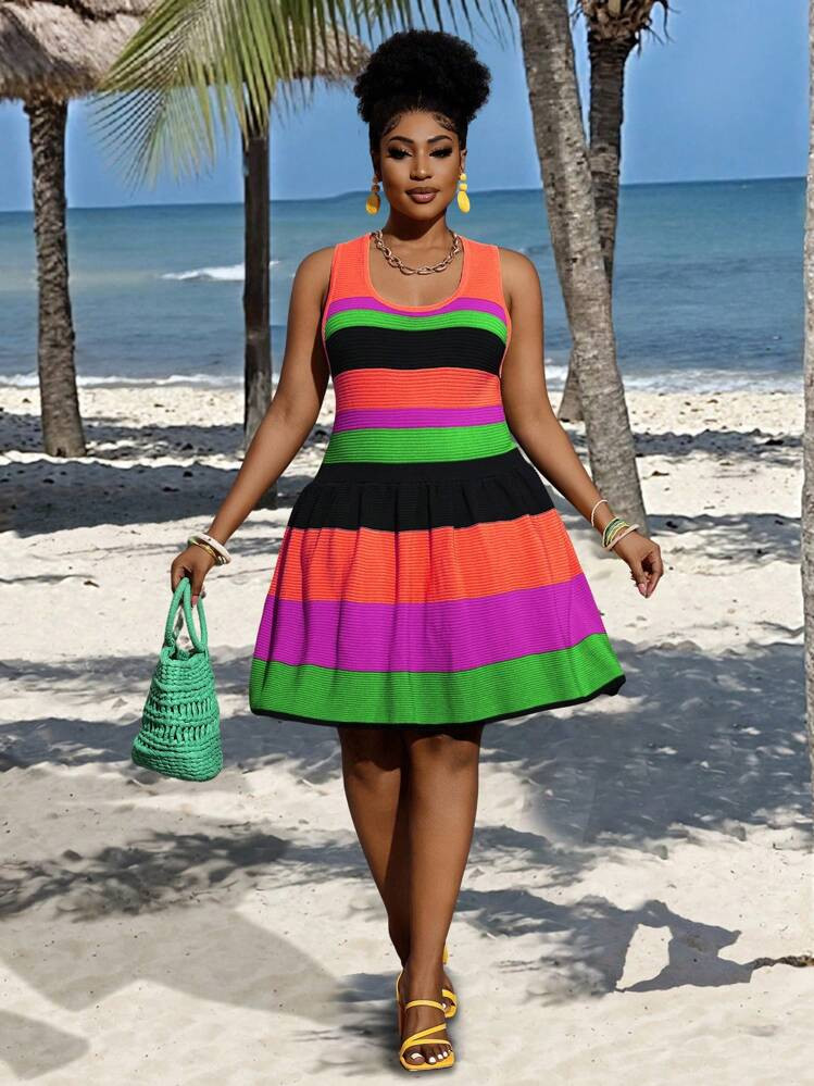 Slaydiva Plus Size Women Colorful Stripe Crochet Knitted Dress Winter Fall Autumn | SHEIN