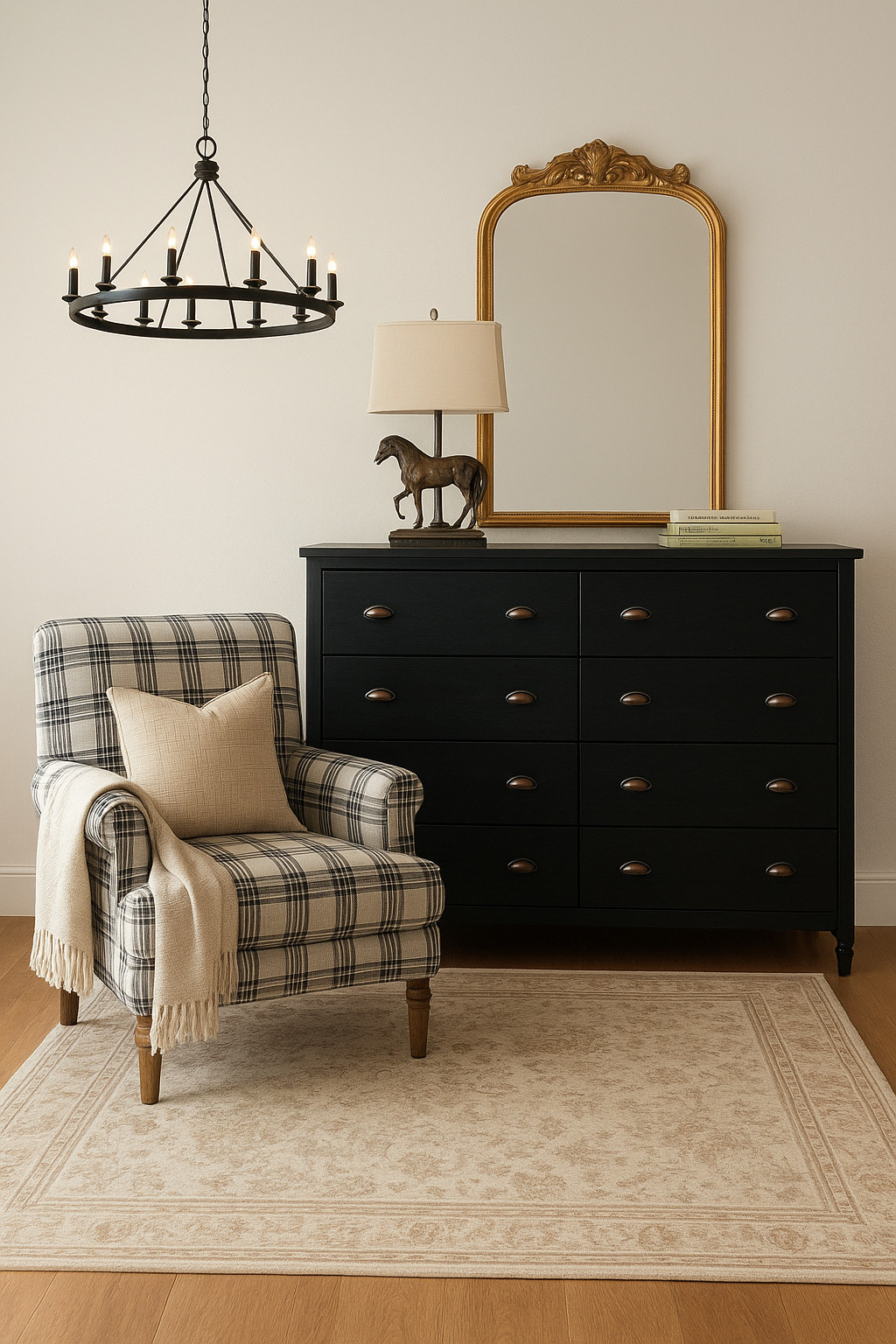 Western chic meets timeless elegance 🐎✨ This cozy corner blends rustic charm with elevated details. From the plaid accent chair to the antique-inspired rug, black dresser, and gold ornate mirror, every piece is affordable and stylish. Perfect for creating a warm, western-inspired bedroom retreat. Shop the look and bring this cozy luxe style home today!
#LTKhome #LTKfinds #BedroomDecor #WesternChic #AffordableHomeDecor 

 #LTKHome