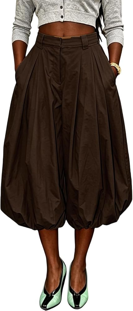 Unybwonn Women Capri Pants Wide Leg Barrel Cropped Trousers Pleated Balloon Long Shorts Jorts | Amazon (US)