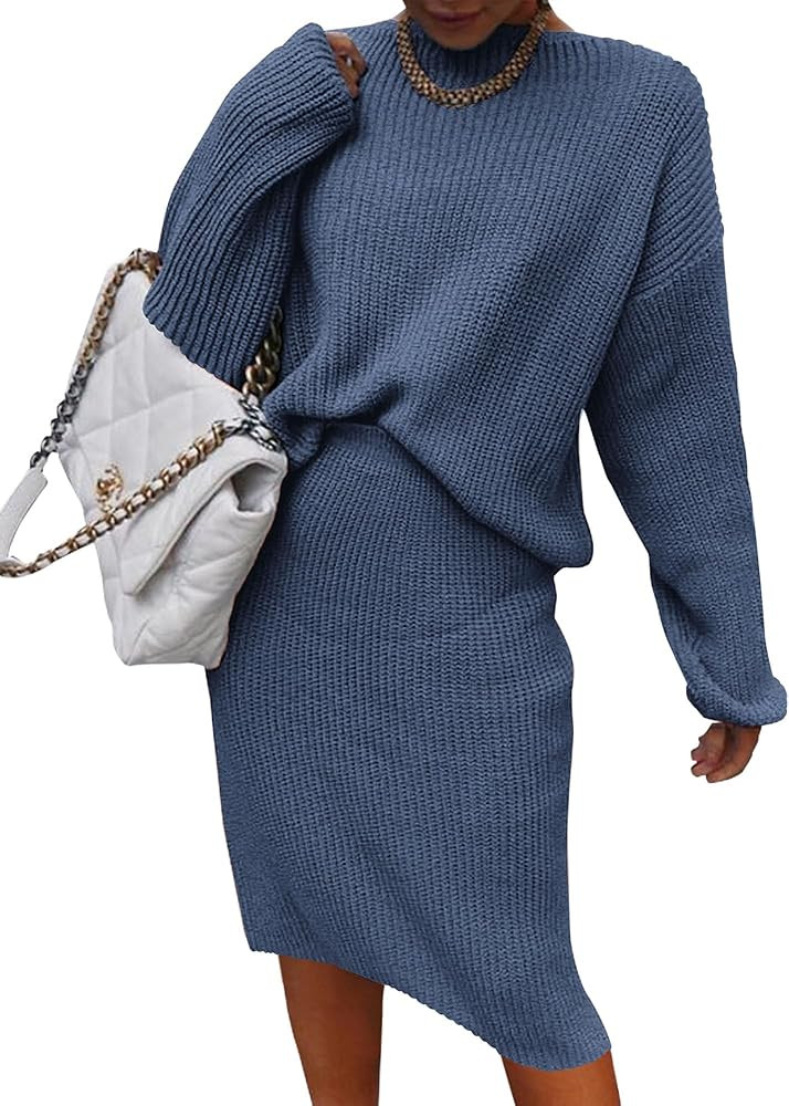 BTFBM Women's 2 Piece Skirts Outfits Long Sleeve Knit Pullover Split Bodycon Midi Skirt Fall Wint... | Amazon (US)