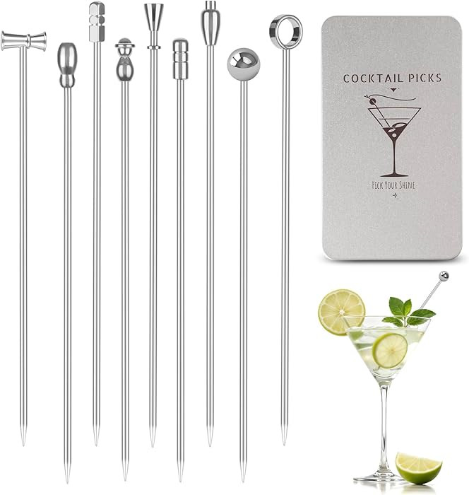 Metal Martini Cocktail Picks 9 Pcs, 4.1 in Olive Skewers Stainless Steel, Martini Garnish Sticks ... | Amazon (US)