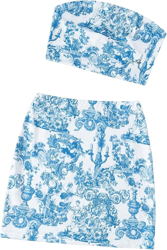 Women's 2 Piece Boho Floral Print Sleeveless Strapless Crop Bandeau Tube Top and Skirt Sets | Amazon (US)