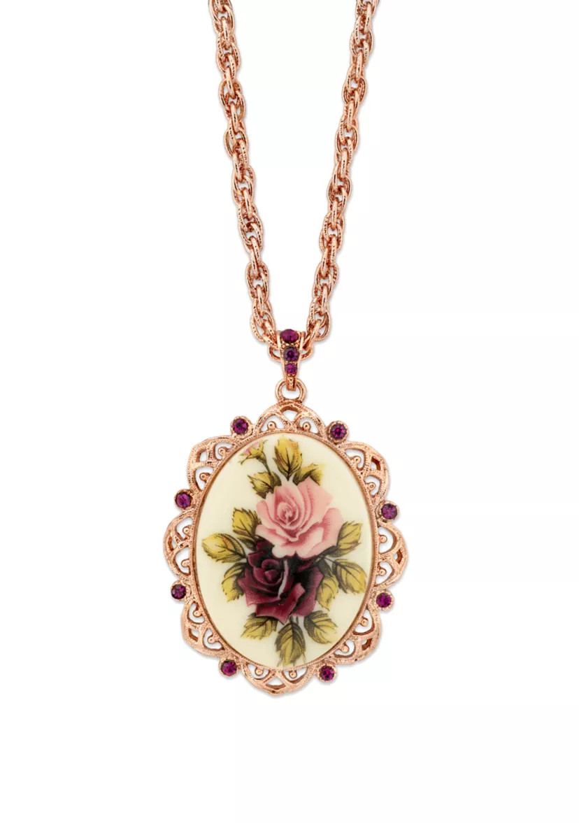 28 Inch Rose Gold Tone Purple Crystal Flower Oval Pendant Necklace | Belk