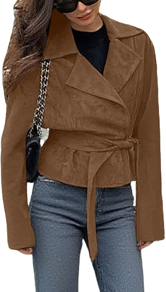 Faux Suede Leather Jacket 2025 Vintage Casual Cropped Wrap Coat with Belt | Amazon (US)