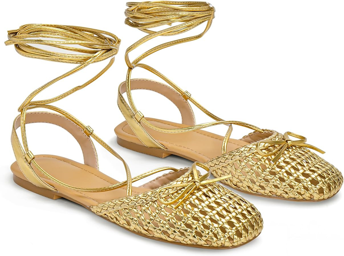 Woven Ballet Flats for Women Lace Up Closed Square Toe Summer Flats Shoes | Amazon (US)