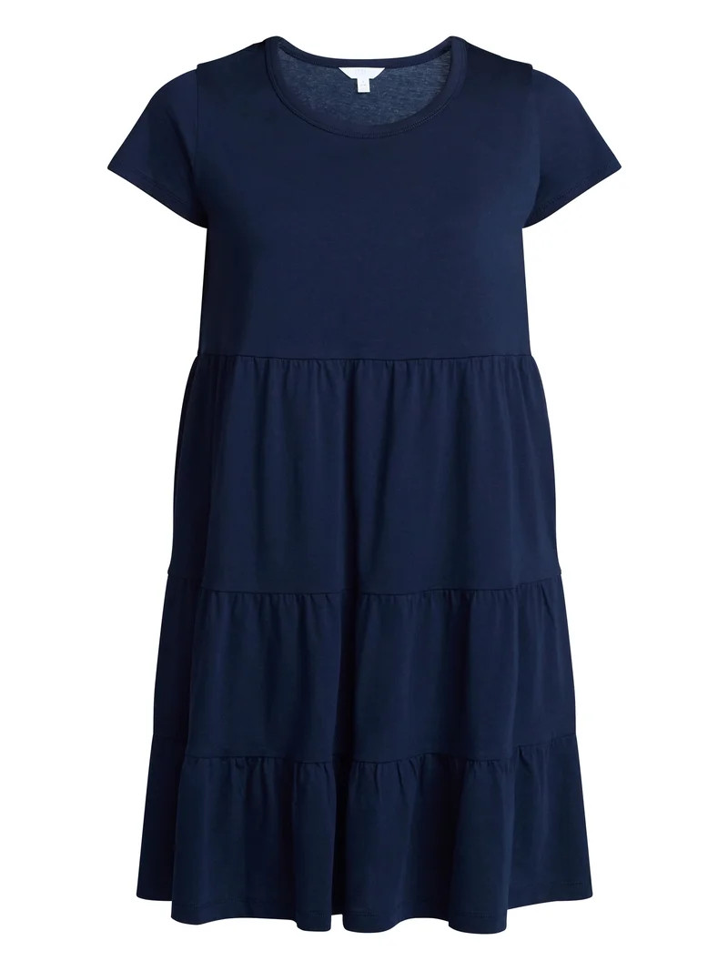 Time and Tru Women's Tiered Cotton Mini Dress with Short Sleeves, Sizes XS-XXXL | Walmart (US)