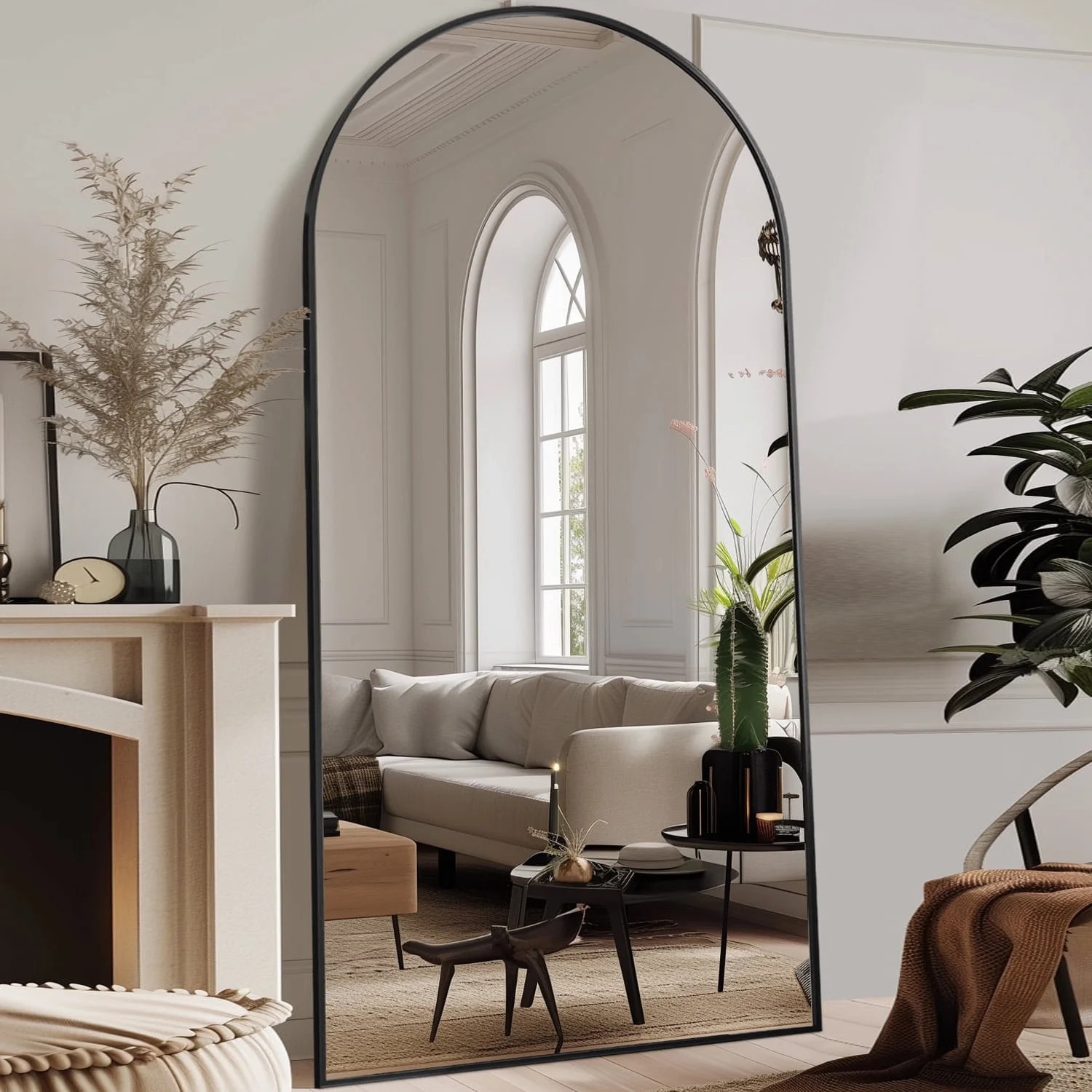 Antok 78" x 38" Arched Full Length Floor Mirror with Stand for Bedroom, Living Room, Black Frame | Walmart (US)